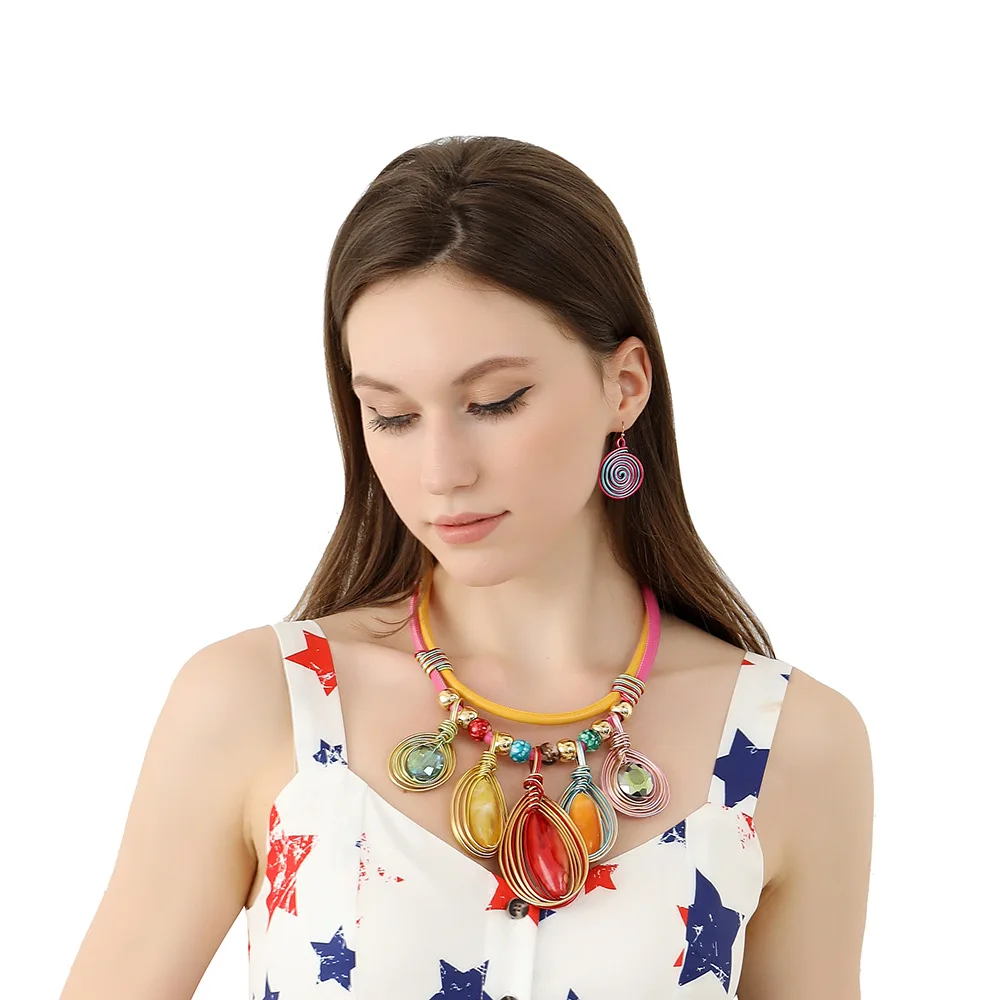 Liffly New Exaggerated Resin Necklace Set Tassel Necklace African Jewelry Necklace Earring Jewelry Sets