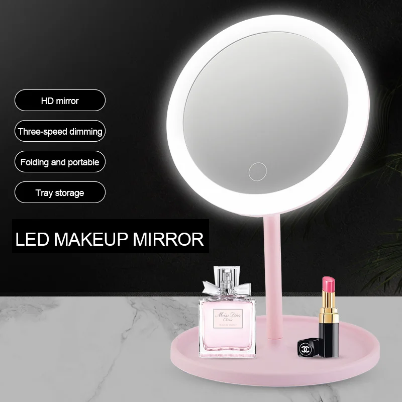 Led Light Makeup Mirror Storage LED Face Mirror Adjustable Touch Dimmer USB Led Vanity Mirror Table Desk Cosmetic Mirror