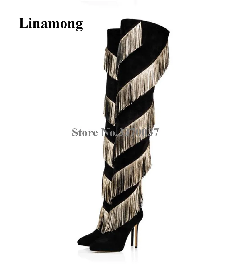 

Women Charming Fashion Pointed Toe Stiletto Heel Gold Tassels Over Knee Boots Suede Leather Fringes Long High Heel Boots