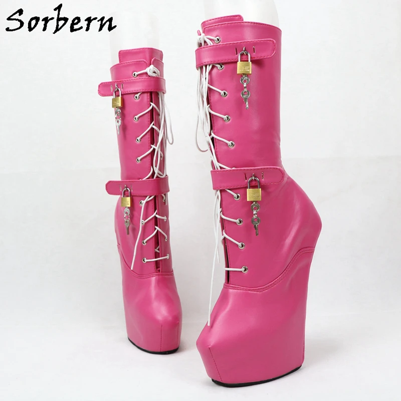 Sorbern Heavy Hoof Sole Heelless Mid-Calf Boots Women Platform Heels Custom Made Colors Hot Pink Matte Hoof Boots Females