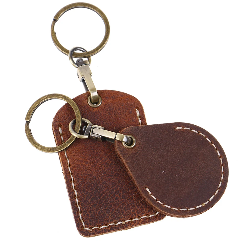 

Vintage Leather Access Card Holder Keychain Rectangular Round Water Drop Community Cards Protective Case Key Fob Fashion Keyring