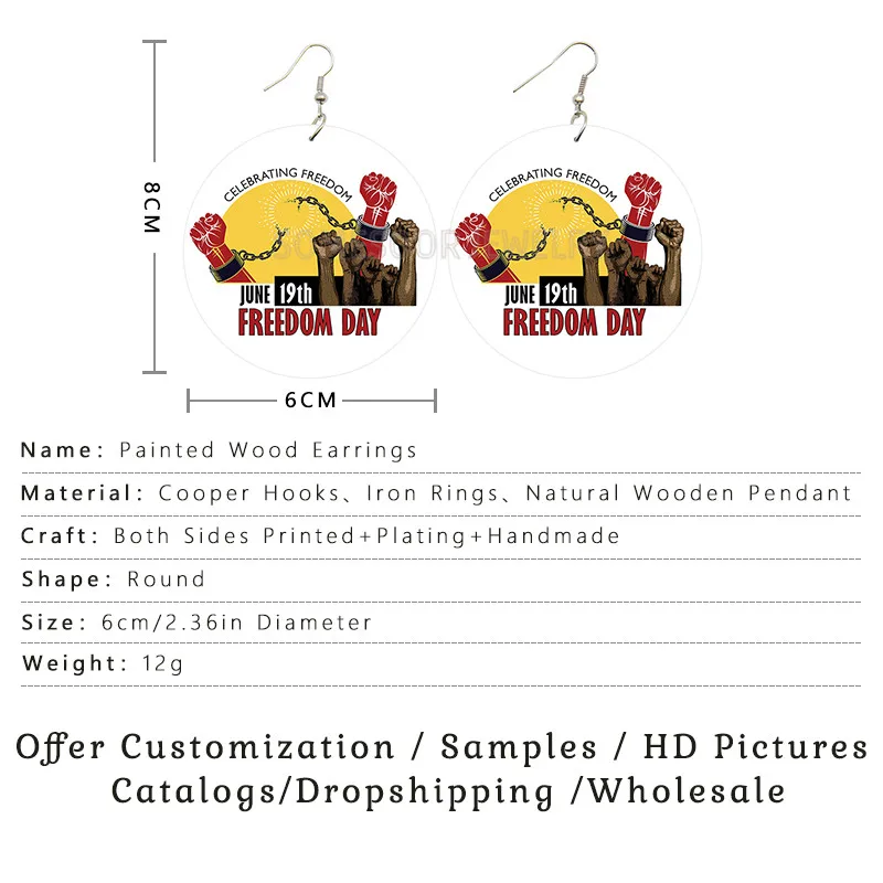 SOMESOOR Juneteenth Celebrate Freedom June 19 Black Liberation Day Wood Both Sides Print Drop Dangle Earrings For Women Gift