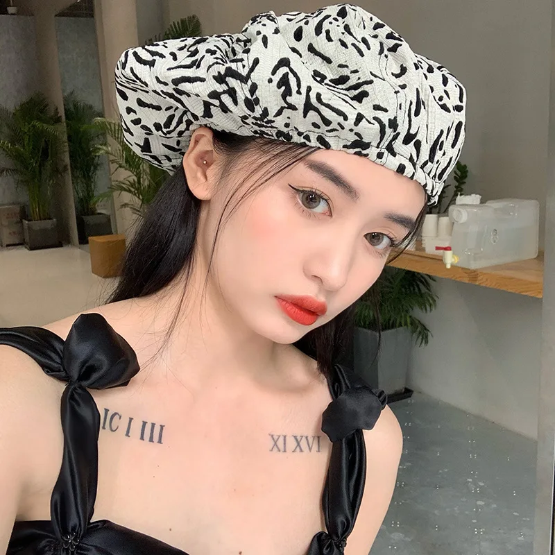 New Fashion Leopard Print Custom Pleated Fabric Street Style Beret Ladies Casual Painter Hat