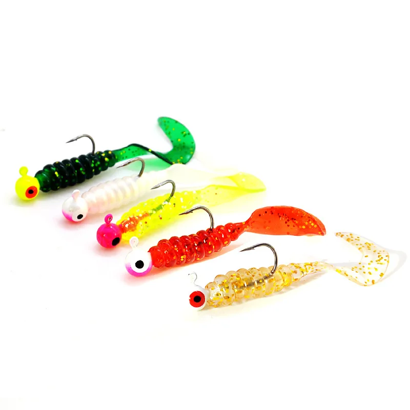 Fishing Soft Lure Bait 3.5g Jig Head Fish 6cm Sickle Tail Worm Artificial Lures Lot 5 Pieces Sale