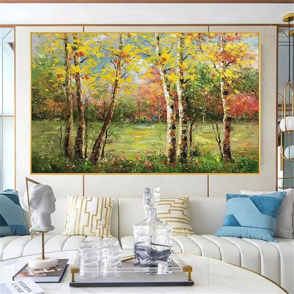 Hand Nordic Landscape Oil Painting Autumn Birch Forest Painted Art Canvas Wall Painting Living Room Corridor Office Home Decor