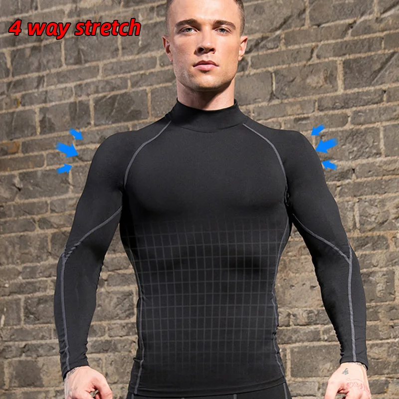 Customized LOGO Running Shirts Men Gym Rashguard Stand Collar Long Sleeve T-Shirt Quick Dry Fitness Compression Sportswear Top