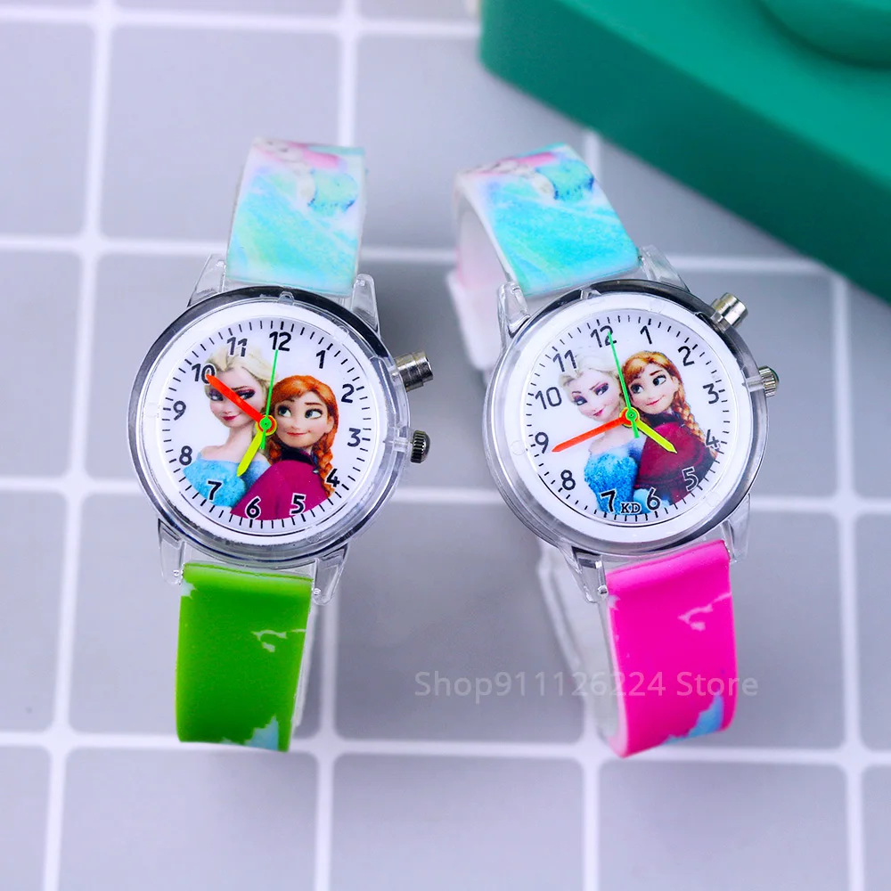 Relojes con luz Flash de dibujos animados para niñas, pulsera con correa de silicona, princesa Elsa, reloj infantil