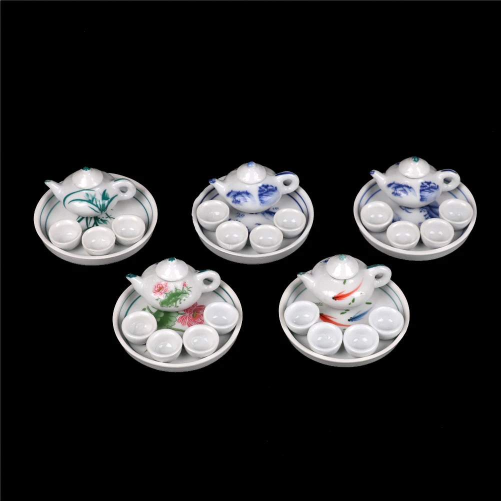 6pcs Colorful Floral Print Porcelain Tea Set Tableware Cup Plate Miniature Dollhouse Dinnerware Simulation Furniture Toys