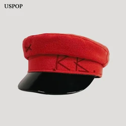 USPOP winter caps women newsboy caps Thick warm  letter embroidery wool cap  S M L plaid patchwork militray caps