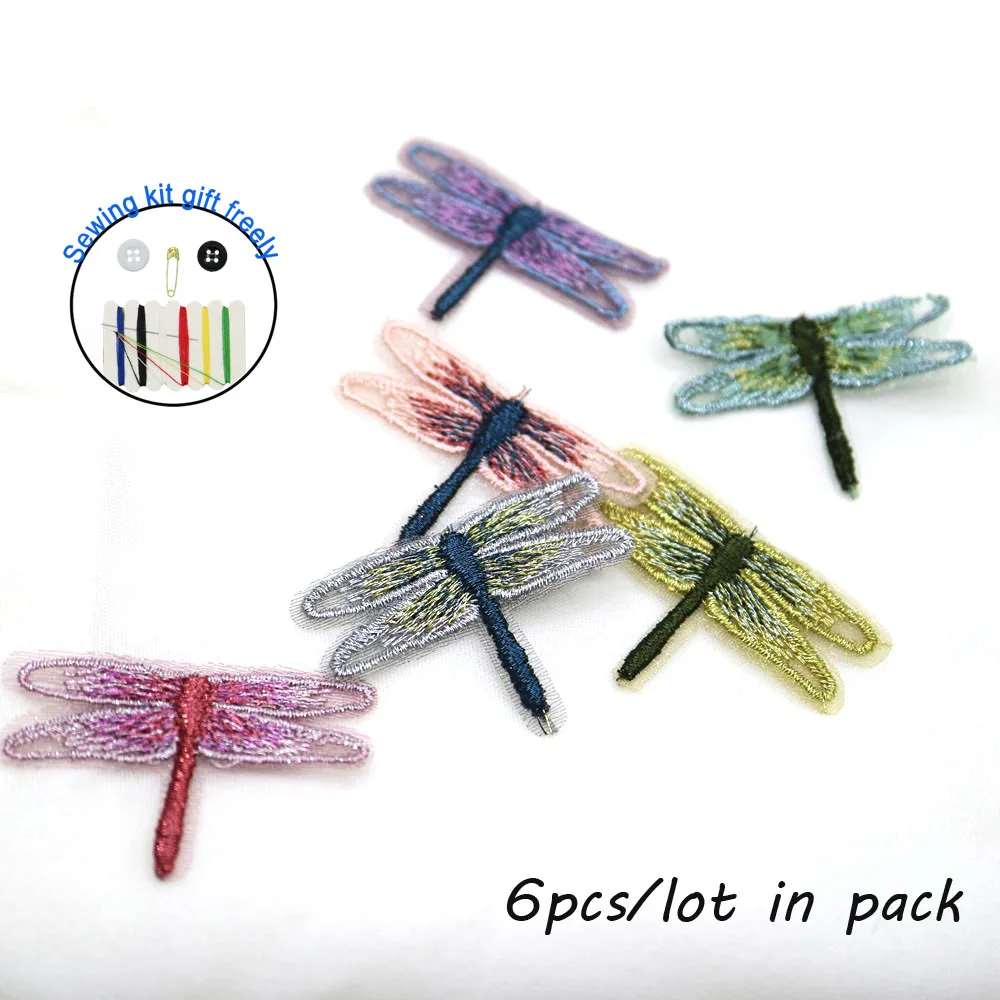 6pc/lot Fashion small dragonfly embroidery Patches for clothing  DIY colorful sew on cute parches applique for clothes