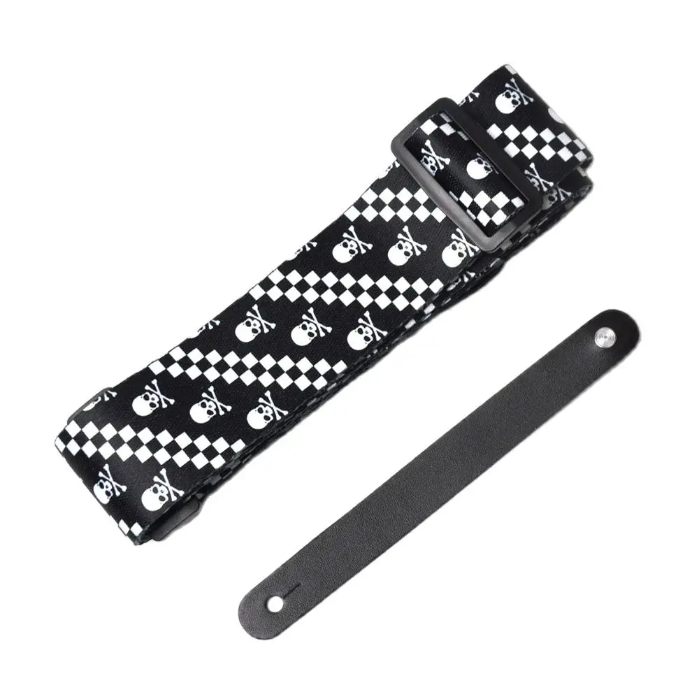 Black&White Skull Guitar Strap Polyester Woven + 1 Black Leather Guitar Head Stock Strap Tie