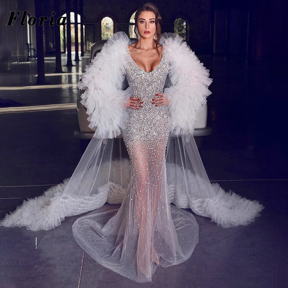 

Beaded Wedding Dresses With Long Train Custom 2020 Vestido De Noiva Saudi Arabic Formal Bridal Gowns Dubai Crystal Bride Dress