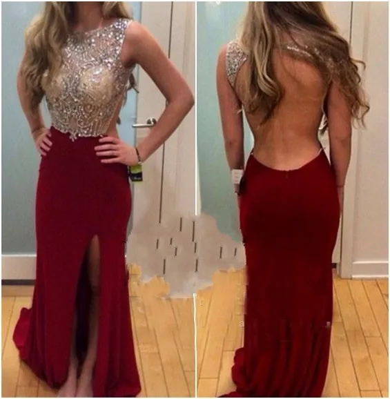 Generous Beaded Sexy Open Back Dark Red Mermaid Long Evening Dress Prom Dresses with Side Slit 2016 Vestido De Festa