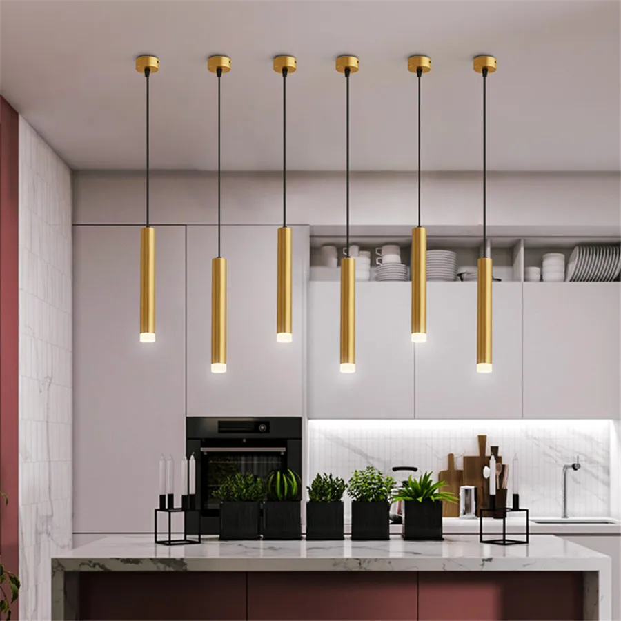 

Nordic Simple Restaurant Long Tube Pendant Lamp Modern LED Cylindrical Cylinder Pipe Hanging Light Loft Kitchen Golden Droplight