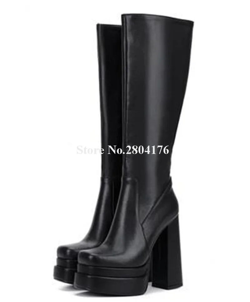 Newest Women Round Toe High Platform Chunky Heel Knee High Boots Black White Leather Slim Thick Heel Long Boots Sexy Party Shoes