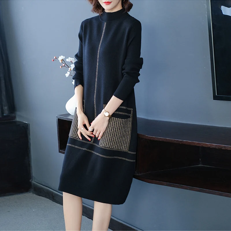 Women Black Knitted Cotton Warm Pullovers Autumn Winter Vintage Casual Turtelneck Sweater Dress 2024 Elegant Bodycon Sweaters