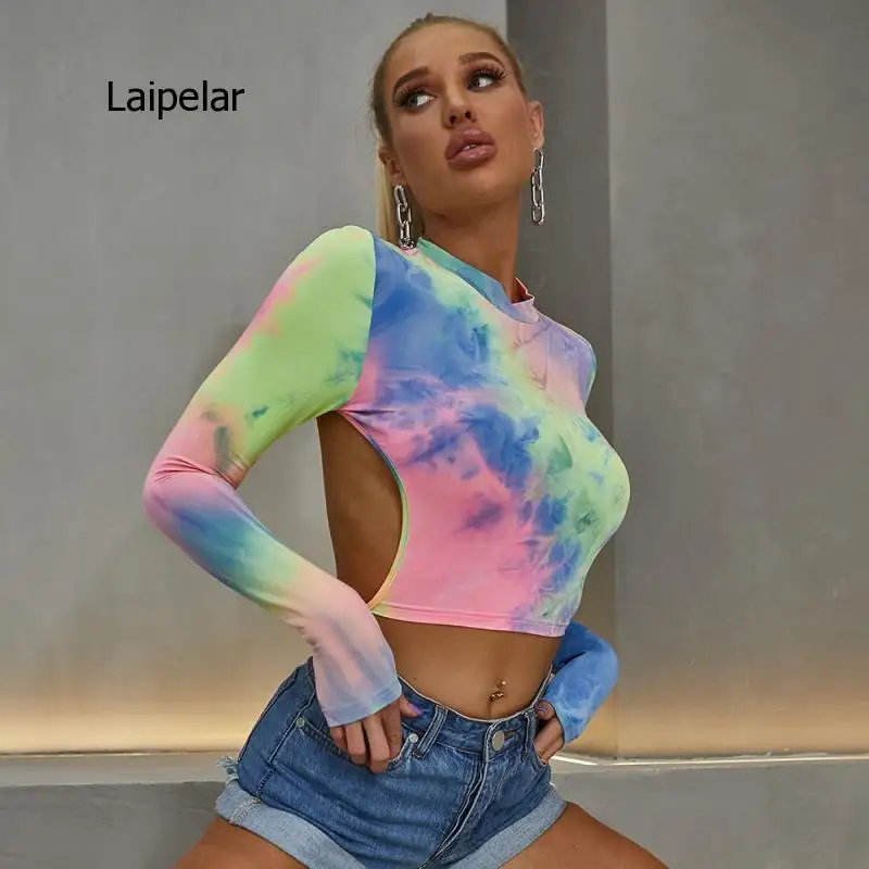 2021 New Spring and Summer Slim Round Neck Long Sleeve Tie Dye Print Sexy Open Back Bandage T-Shirt