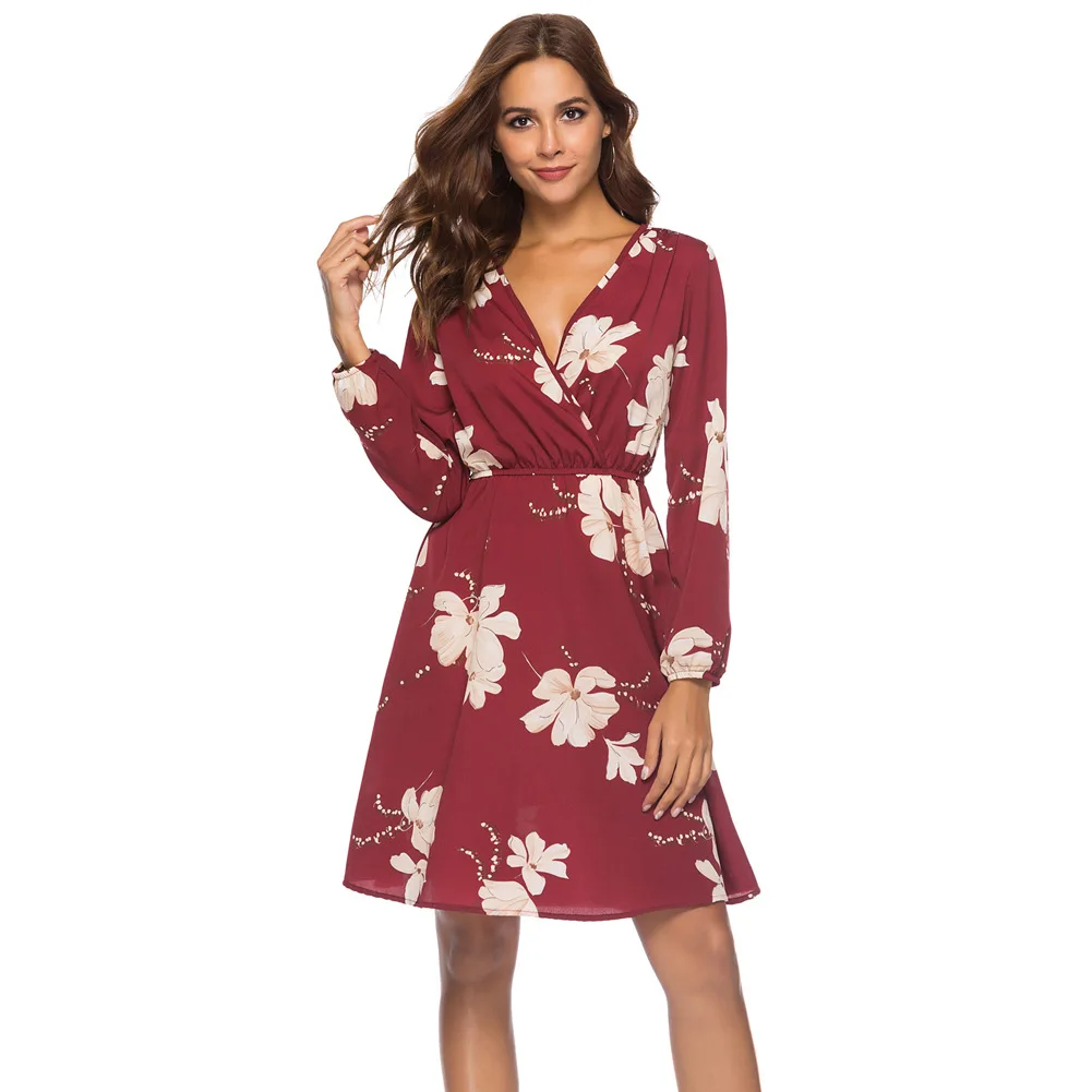 Robe mi-longue en mousseline de soie, manches longues, Sexy, col en V, imprimé Floral, élégante, style Boho, printemps été, LWL1728