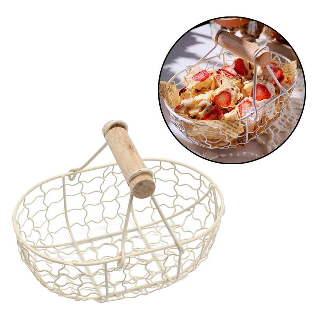 Wooden Handle Metal Retro Basket Portable Bread Vegetable Fruit Egg Serving Storage Basket with Handle Tray for Kitchen