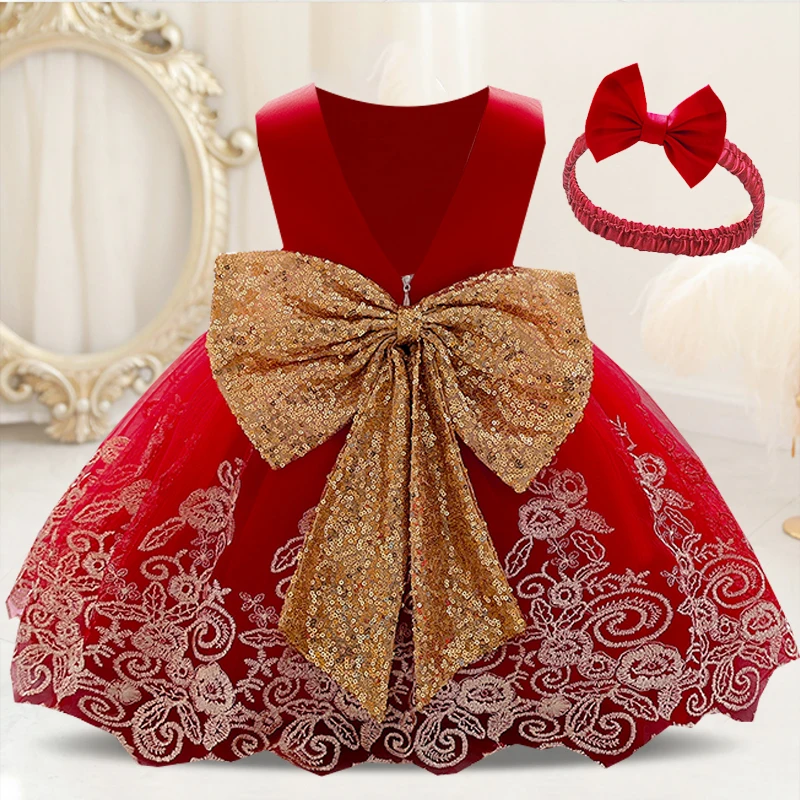 Backless Bow Toddler Baby 1st Birthday Baptism Dress For Girls Princess Luxury Embroidery Costumes Kids Party Clothes Vestidos