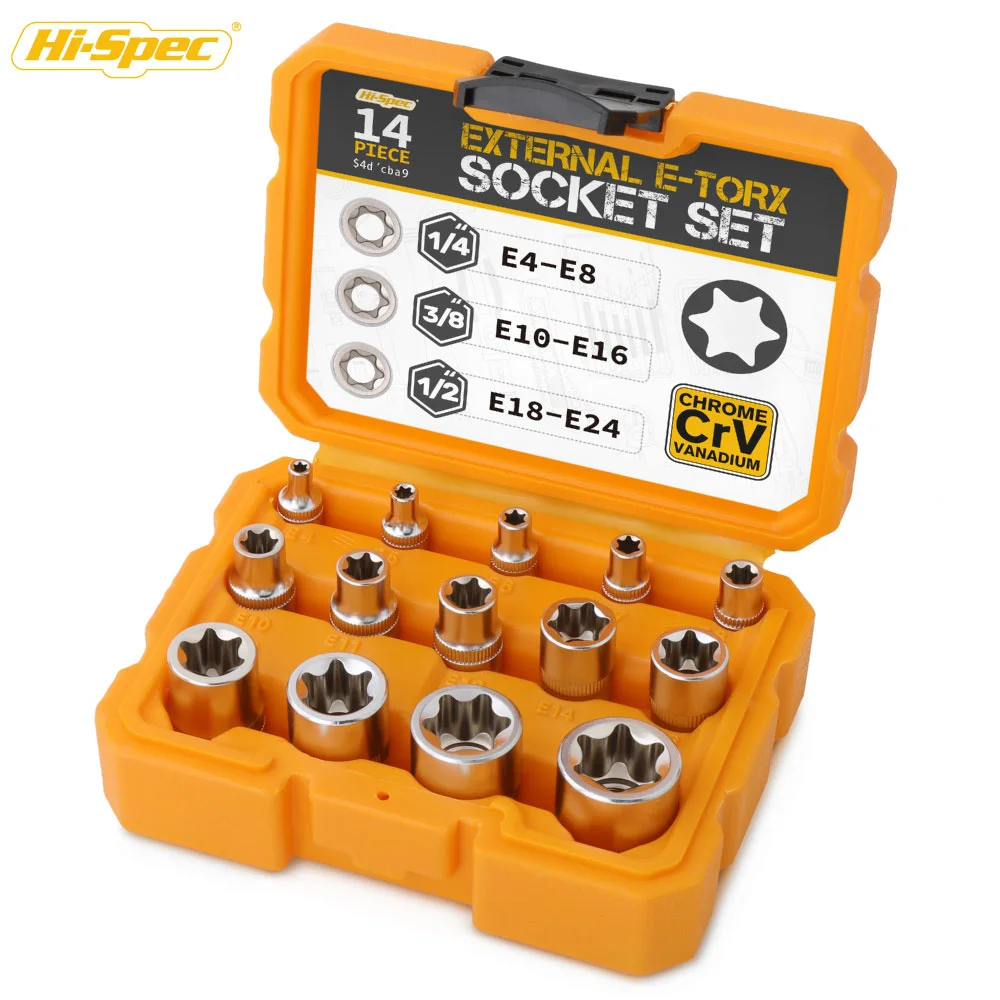 Hi-Spec Torx 스타 소켓 세트, E 타입 암 E-Torx 육각 소켓 삽입 너트 소켓, 자동차, 오토바이, ATV용 렌치 헤드, 14 PCs