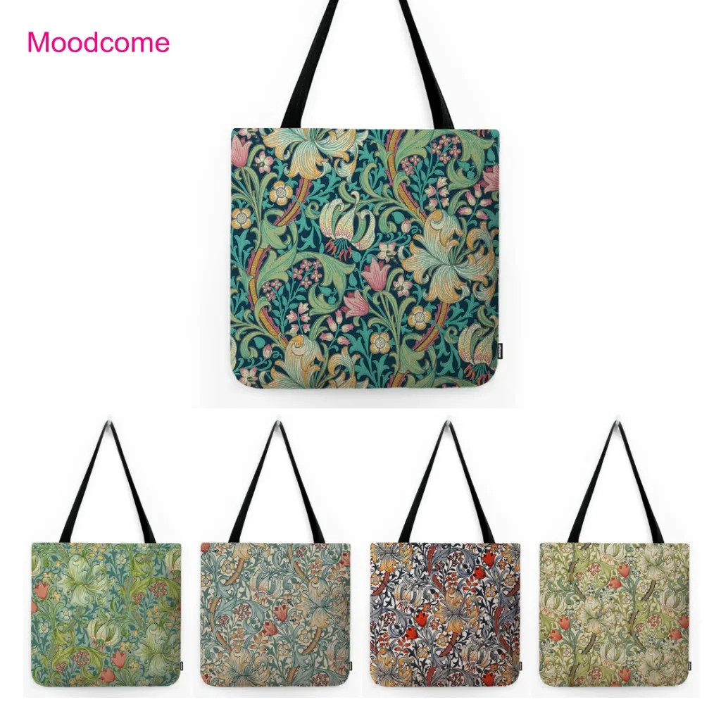 Classic Morris Pattern Golden Lily Green Pink Plant Leaf Flowers Floral Fashion Trendy Shopper Bag Cotton Linen Large Tote Bag