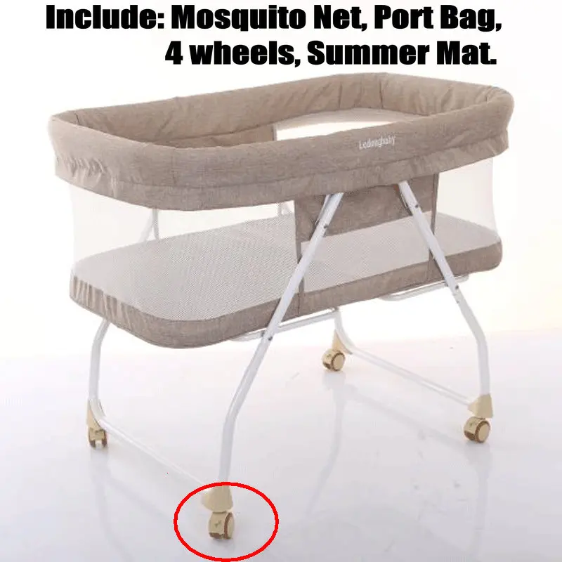 Portable Newborn Baby Crib With Port Bag & Mosquito Net, Folding Infant Travel Cot, 4 Wheels Simple Bassinet