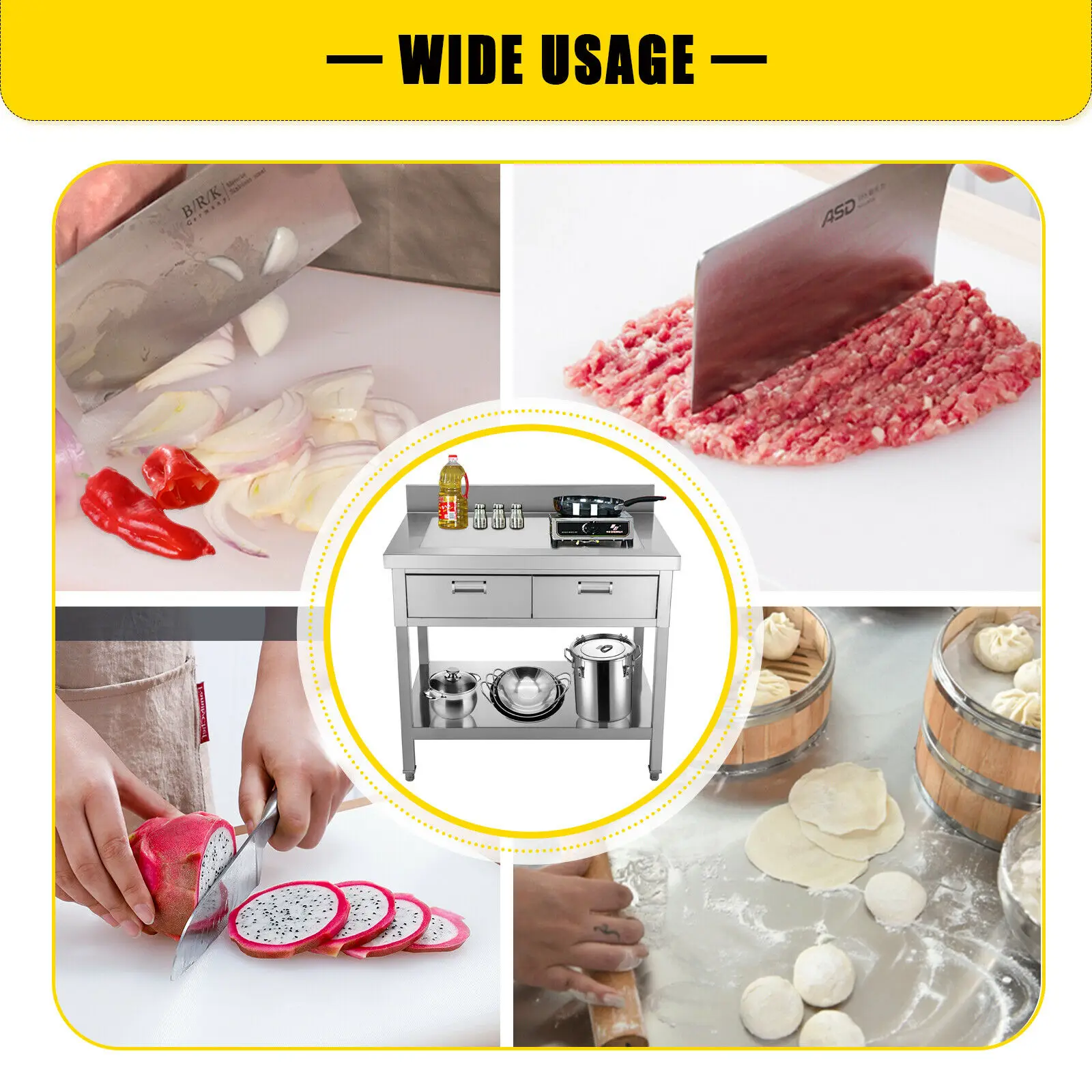 VEVOR 24"x36" 24"x48" Professional Stainless Steel Kitchen Work Prep Table Adjustable Feet with Double Drawers Home Commercial