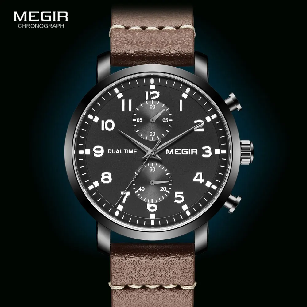 MEGIR Casual Sport Watches for Men Top Brand Luxury Military Leather Wrist Watch Man Clock Fashion Chronograph Wristwatch Brown