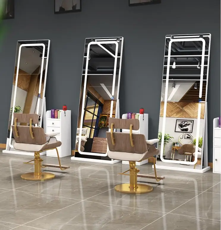 Solid wood simple online celebrity barber mirror landing wall double-sided mirror LED lighting mirror beauty salon dedicated