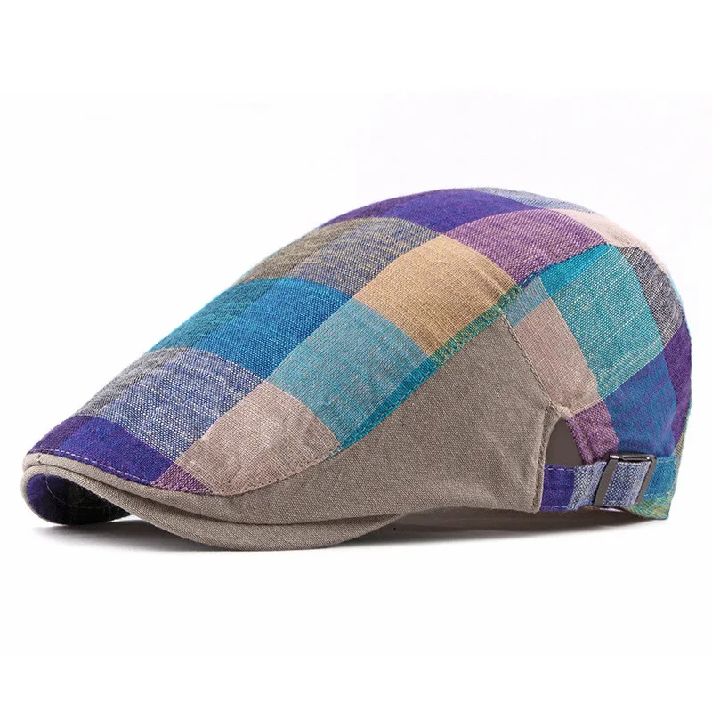 Spring Summer Color Plaid Newsboy Caps Men Cotton Flat Peaked Cap Women Painter Beret Hats 05