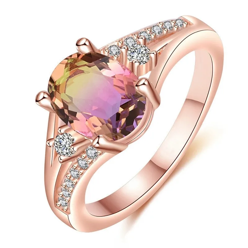 

Trend Rose Gold Color Oval Cut Rainbow Crystal Rings For Women Fashion Colorful Zircon Ring Bridal Wedding Engagement Jewelry