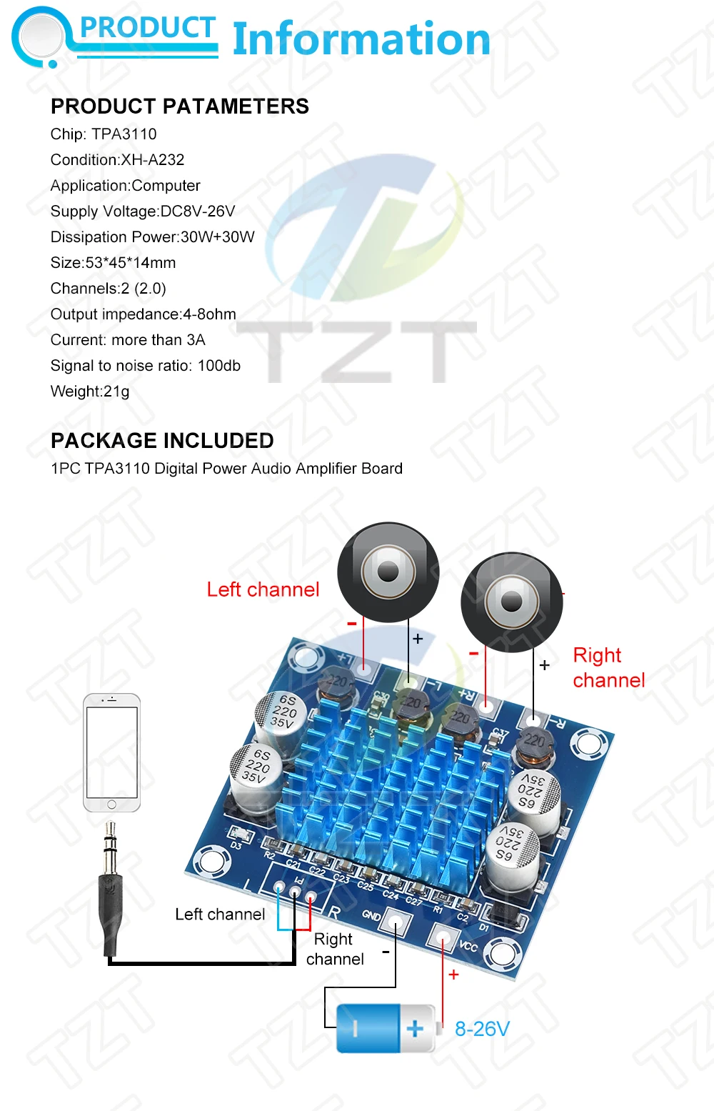 1/3PCS TPA3110 XH-A232 30W + 30W 2,0 Kanal Digital Stereo Audio Power Verstärker Bord DC 8-26V 3A für Arduino – Detail 1