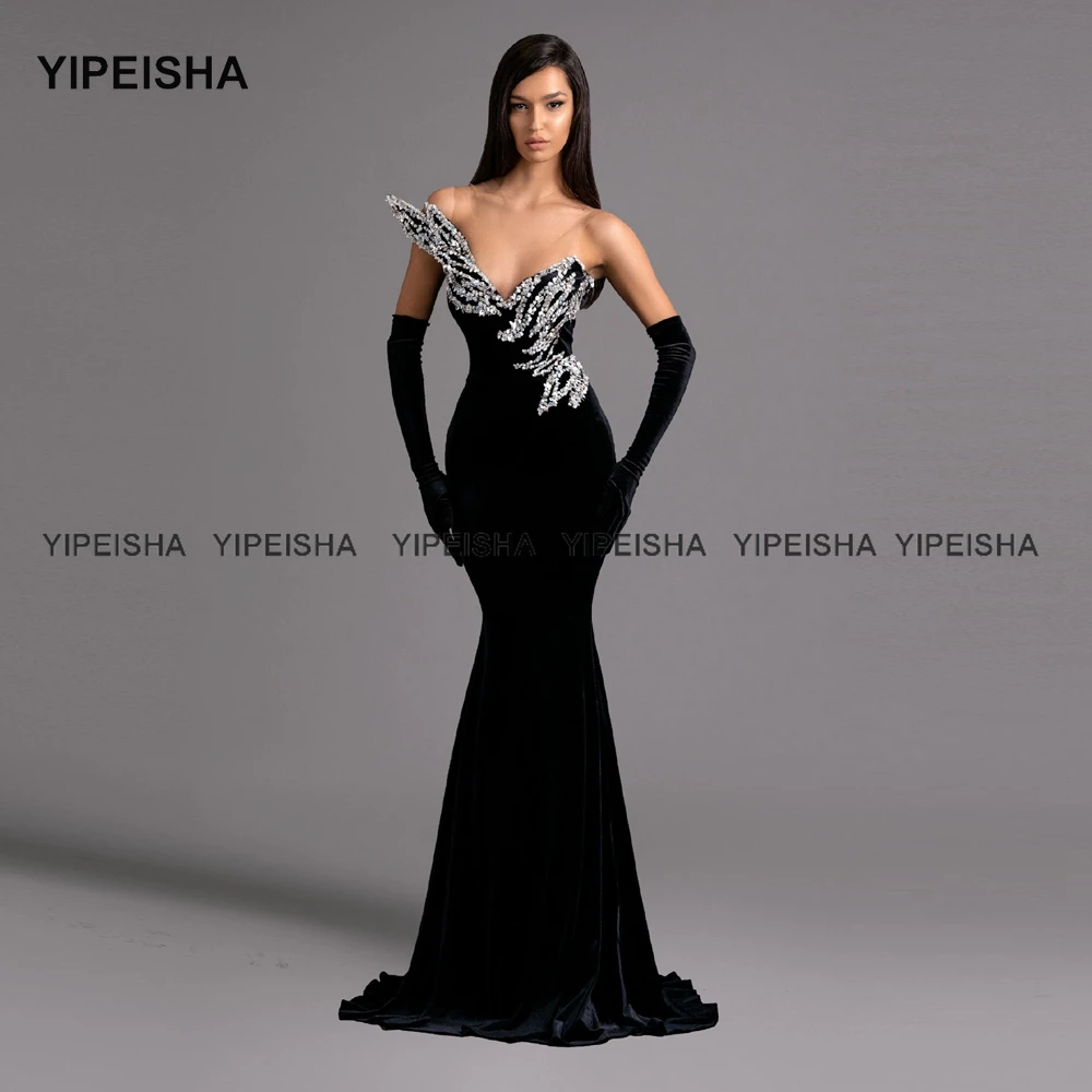 Yipeisha Delicate Beaded Black Prom Dresses Sheer Neck Mermaid Evening Party Dress Long Velour Formal Gown Customized