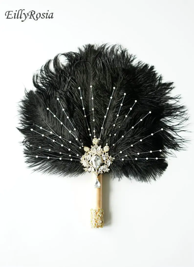 

EillyRosia Gold Brooch Bridal Fan Black Alternative Ostrich Feather Fan Bridal Bouquet Gatsby 1920s Bouquet Bidesmaid Fan Pearls