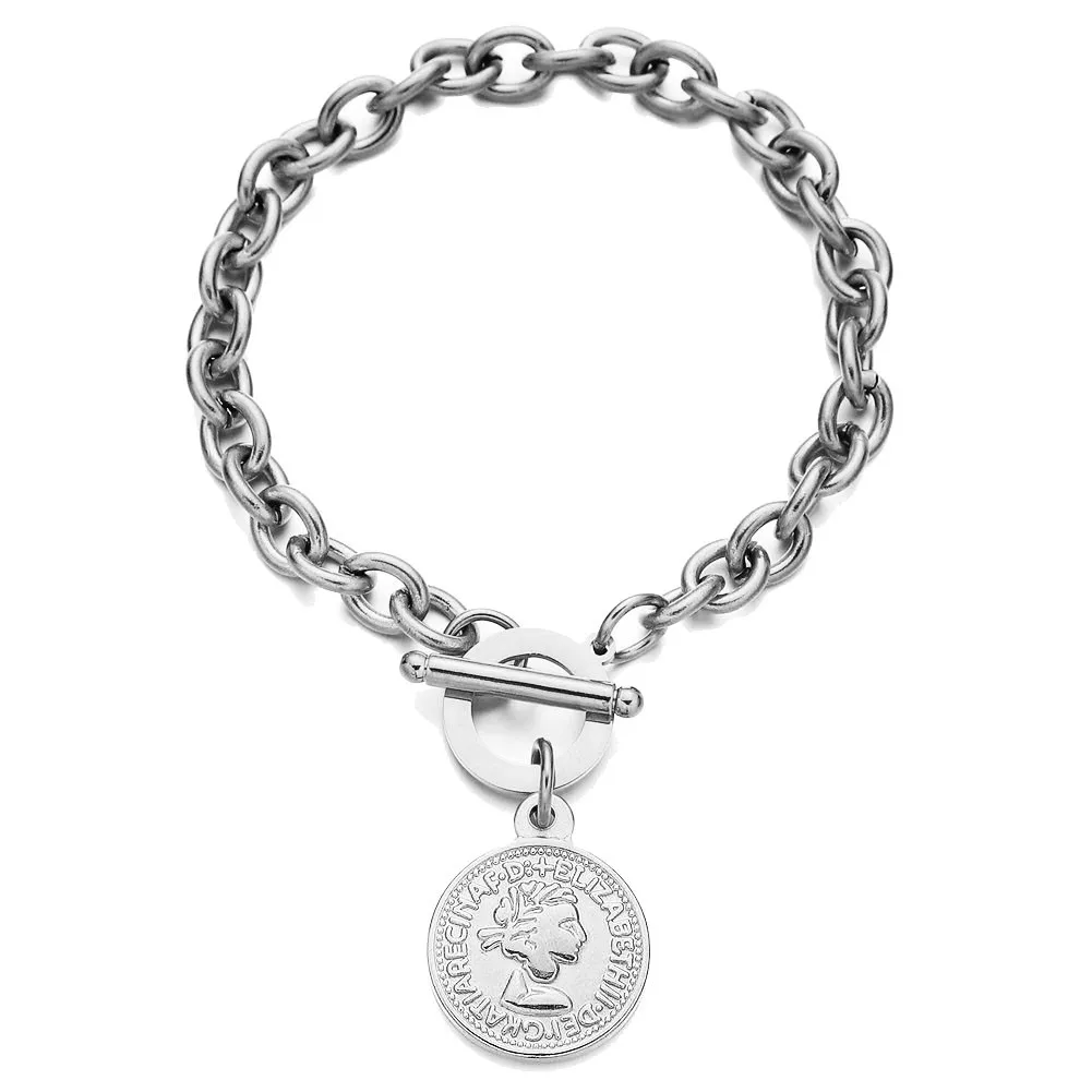 Vintage Stainless Steel Beauty Head Coin Charms Bracelets for Women OT Buckle Toggle Bracelet Hip Hop Jewelry Gifts