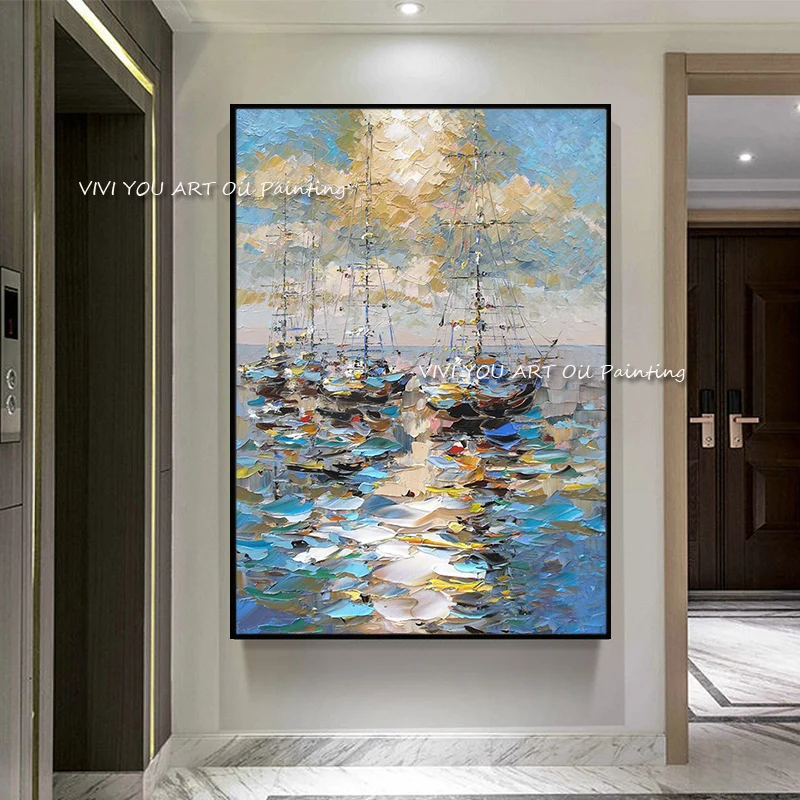 100% Handpainted Abstract Sunset Ocean Sailboat Oil Painting Knife Large Canvas For Bedroom Living Room Home Decoration Gift