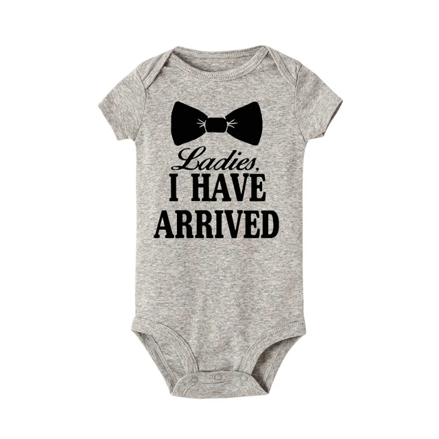 Ladies I Have Arrived Cravat Print Newborn Baby Boys Rompers Funny Announcement Bodysuits Short Sleeve Infant Jumpsuit Clothes