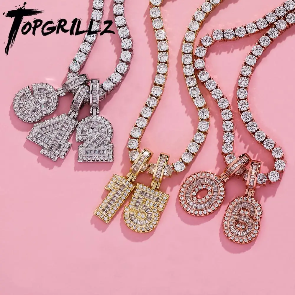 TOPGRILLZ 0-9 New square Digital Pendant Iced Out Micro Cubic Zirconia Pendant Hip Hop Pendant Necklace For Gift