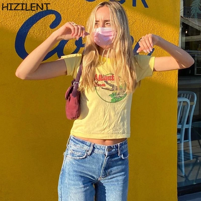 Y2K Streetwear Graphic Short Sleeve yellow T-shirts 2000s Vintage Printing O-neck Baby Tees Cute Summer Kawaii Crop Top Fashion