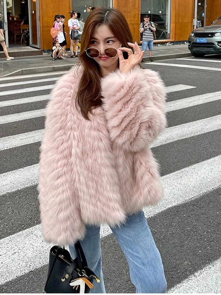 Women Thick Natural Real Fox Fur Freesize Winter Warm Pink Real Fox Fur Overcoat Blue Fur Coat