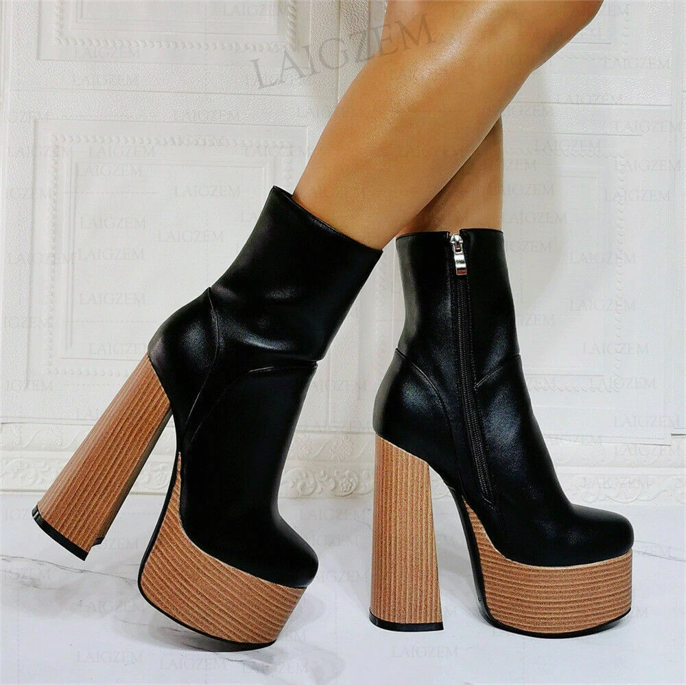BERZIMER Women Ankle Boots Block High Heels Faux Leather Side Zip Round Toe Comfortable Unisex Shoes Woman Big Size 40 43 45 47