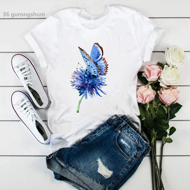 

New Hot Sale Women'S T-Shirt Butterfly And Dandelion Graphic Print T Shirt Femme Summer T-Shirt High Quality Women'S Tops