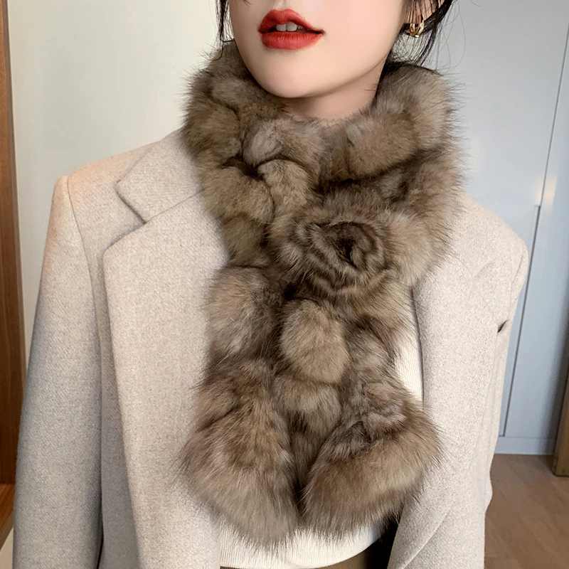 2020 Women\'s 100% Real Sable Fur Knitted Scarf Natural Mink Fur Scarves Lady Fashion Winter Wraps Neck Warmer with Flower Wider