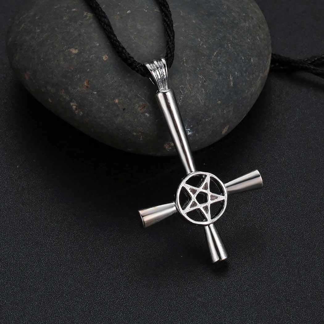 Kinitial Retro Inverted Pentagram Cross Necklaces Upside Down Lucifer Satan Satanic Symbol Pendant Necklace for man Punk Jewelry