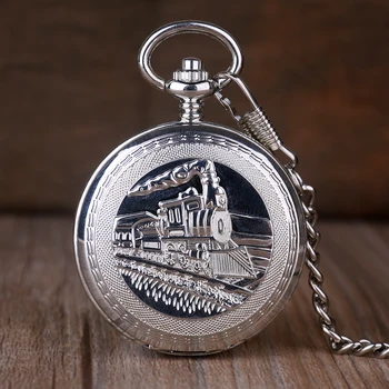 Orologio da taschino meccanico con doppia apertura a carica manuale con locomotiva in acciaio argentato alla moda, orologio da taschino per gioielli da donna