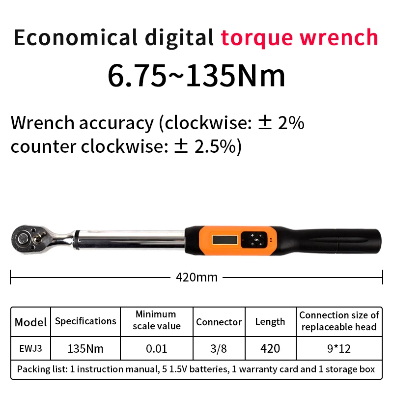 

Digital Electronic Torque wrench 1/2" 135Nm 200Nm 340Nm Double-side Bidirectional ratchet head adjustable torque wrench