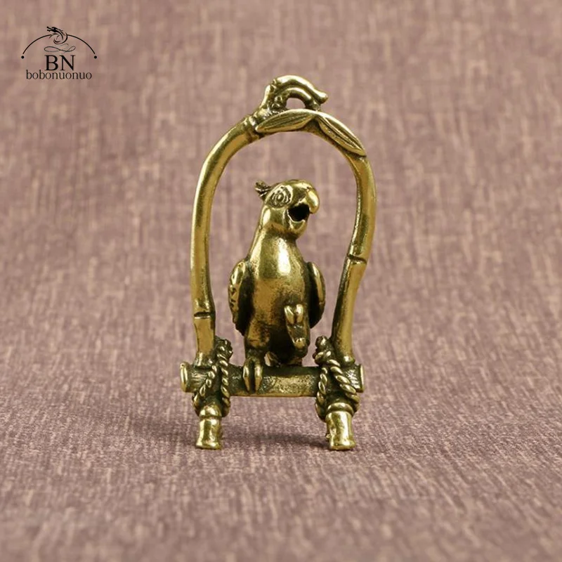 Antique Copper Crafts Bird Cage Parrot Figurines Miniatures Desktop Ornaments Brass Animal Bird Key Chain Pendant Jewelry Decors