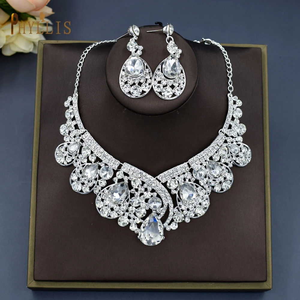 A07 Women's Classic Wedding Jewelry Set Rhinestone Tiaras Crown Necklace Earrings Set Pageant Diadem Bridal Dubai Jewelry Set