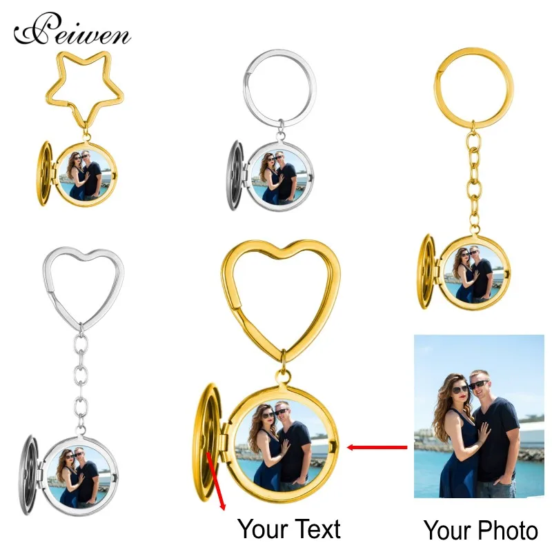 Custom Photo & Name Ring Keychain For Men Women Stainless Steel Round Photo Album Pendant Star Heart Key Ring Gold Color Circle